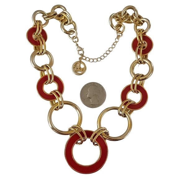 Trifari Gold Tone Red Enamel Open Round Chain Rings Link Necklace 18" Long, K532 - Picture 5 of 6